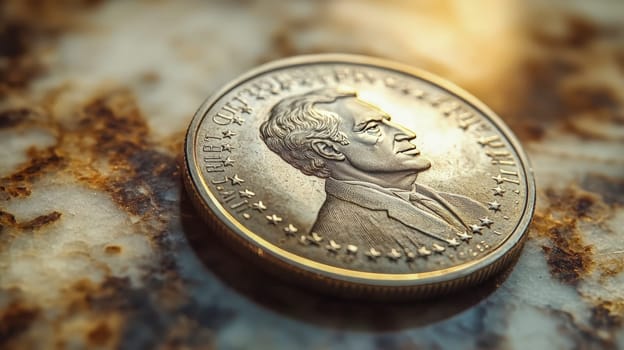 Presidents' Day. A glowing close-up of a historical coin placed on a textured surface, capturing intricate portrait engravings and reflections under warm lighting. Suitable for heritage or commemorative themes with space for overlay text