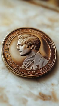 Presidents' Day. An artistic side profile of a commemorative coin resting on a textured marble surface, featuring detailed engravings of a historical figure, with ample space for text