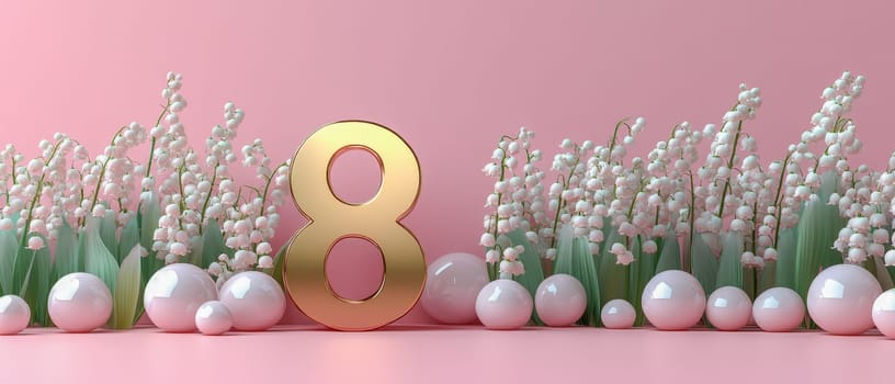 A shiny golden number eight surrounded by Lily of the Valley flowers and leaves on a soft pink background