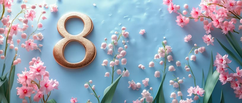 A golden number eight surrounded by pink and white flowers on a soft blue background, symbolizing femininity