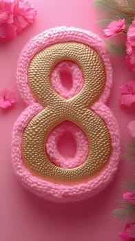 A golden number eight with a knitted pink border, placed on a pink background with delicate floral accents