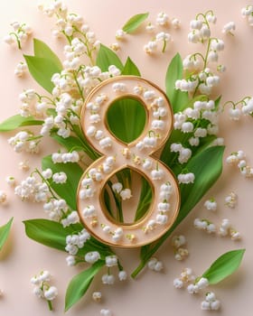 A textured golden number 8 surrounded by blooming pink and white flowers on a vibrant blue background, symbolizing Women Day. Space available for text or personalized message