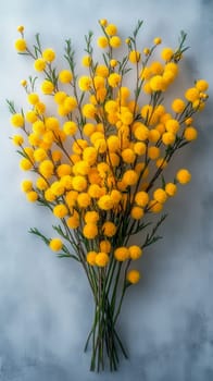 Elegant bouquet of golden mimosa flowers on a soft blue background, symbolizing Women's Day celebrations. Space for adding text available