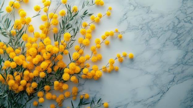 A bouquet of bright yellow flowers against a marble-textured surface, ideal for International Women's Day themes
