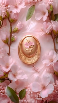A golden oval ornament featuring delicate floral details, set against a soft pink background, symbolizing femininity, elegance, and celebration for International Women's Day