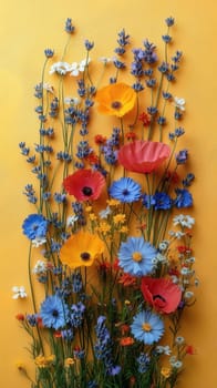 A colorful arrangement of spring flowers, including poppies, daisies, and lavender, displayed on a textured yellow background. Ideal for spring and nature-themed designs