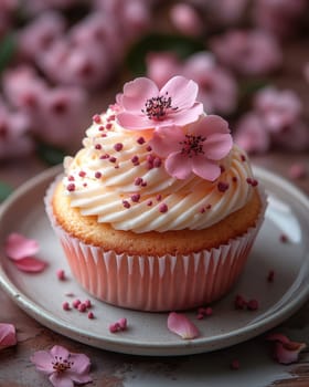 A beautifully decorated spring cupcake with pink floral details, placed on a ceramic plate, embodying the essence of springtime treats
