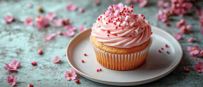 A beautifully crafted gourmet cupcake decorated with pink floral accents and sprinkles, placed on a pastel-colored plate, celebrating the freshness of spring