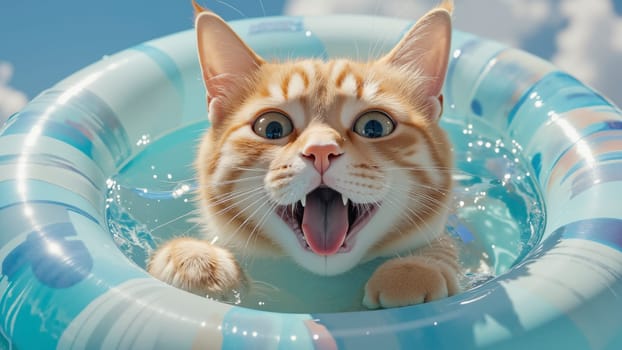 Joyful kitten bathing in the pool