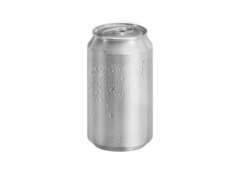 Aluminum can with water droplets isolated on white background