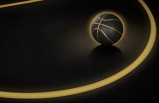Basketball ball has a glowing golden neon line. with golden glowing neon lines in the field