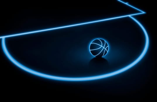 Basketball ball has a glowing blue neon line. with blue glowing neon lines in the field