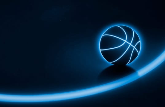 Basketball ball has a glowing blue neon line. with blue glowing neon lines in the field