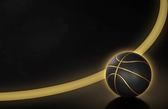 Basketball ball has a glowing golden neon line. with golden glowing neon lines in the field