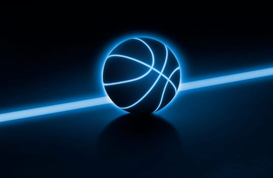 Black basketball ball has bright blue glowing neon lines with blue glowing neon lines in the field