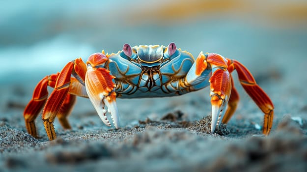 A vibrant crab walks across the sandy beach, showcasing its colorful shell and intricate patterns against a soft sunset backdrop - Generative AI