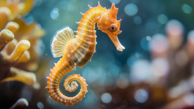 A vivid seahorse floats effortlessly through a colorful coral reef, showcasing its unique features and habitat in clear ocean waters - Generative AI