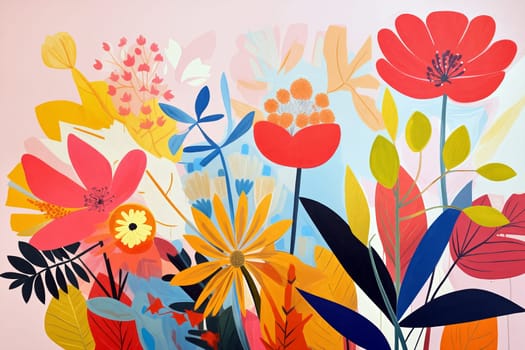 This vibrant mural showcases an array of flowers and leaves in rich colors, creating a lively atmosphere. The design blends bold reds, yellows, and blues - Generative AI
