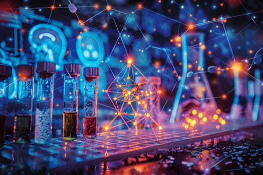 Various test tubes filled with purple liquid are neatly arranged on a laboratory table. The electric blue font on the glassware adds a touch of entertainment to the scene