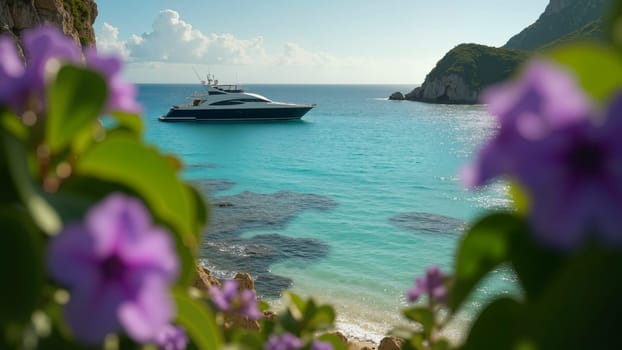A large boat is sailing in the ocean near a beach. The water is blue and the sky is clear. The boat is surrounded by purple flowers, which add a touch of color and beauty to the scene