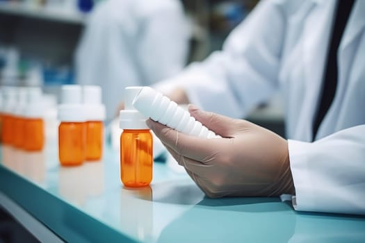 the pharmacist's hands in protective rubber gloves check the jars of medicines on the table in the laboratory or pharmacy. A pharmacist working in a pharmacy. jars and bottles with medicines.