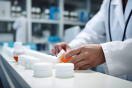 the pharmacist's hands in protective rubber gloves check the jars of medicines on the table in the laboratory or pharmacy. A pharmacist working in a pharmacy. jars and bottles with medicines.