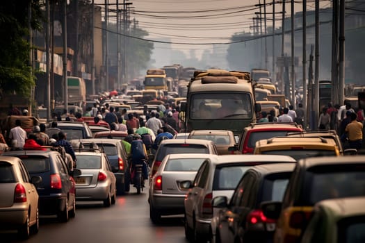 traffic jams on the roads of India. a large number of cars, pedestrians and mopeds. Environmental pollution. Transport collapse. Overpopulation of the city