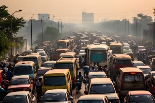 traffic jams on the roads of India. a large number of cars, pedestrians and mopeds. Environmental pollution. Transport collapse. Overpopulation of the city