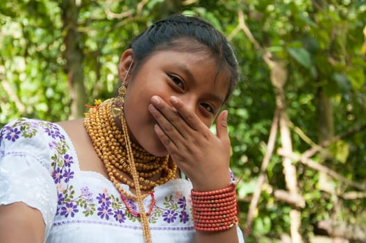 Portrait of a Smiling Ecuadorian Youth in Native Attire and Ancestral Accessories. High quality photo
