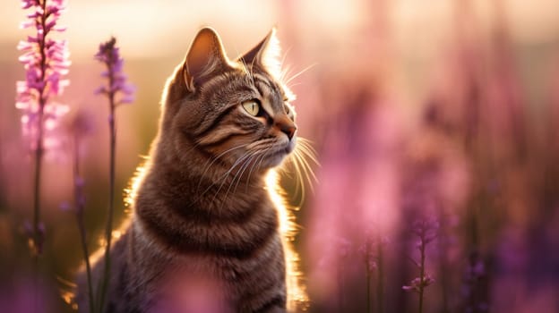 cat in a meadow with pink wild flowers - AI generative