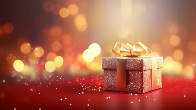 Christmas gift boxes on a golden bokeh background with defocused lights - AI generative
