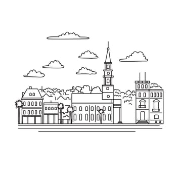 Mono line illustration of Broad Street including the steeple of St. Michael's Episcopal Church in Charleston, South Carolina, USA done in monoline line art black and white style.