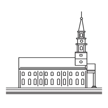Mono line illustration of a Church with steeple viewed from side done in monoline line art black and white style.