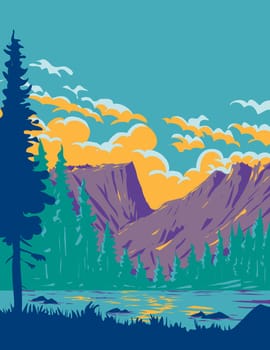 WPA poster art of Dream Lake in Rocky Mountain National Park in northern Colorado, USA done in works project administration or federal art project style.
