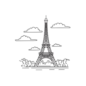 Mono line illustration of Eiffel Tower or Tour Eiffel on the Champ de Mars in Paris, France done in monoline line art black and white style.
