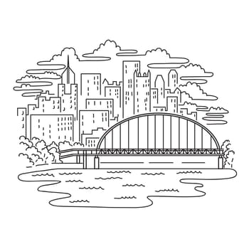 Mono line illustration of Fort Pitt Bridge spanning the Monongahela River in Pittsburgh, Pennsylvania, United States of America done in monoline line black and white art style.
