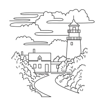 Mono line illustration of Highland Light or Cape Cod Light lighthouse on the Cape Cod National Seashore in North Truro, Massachusetts, USA in monoline line art black and white style.

