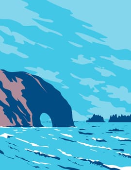 WPA poster art of Hole In The Wall in Rialto Beach near Mora in Olympic National Park, Washington State USA done in works project administration or federal art project style.
