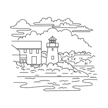 Mono line illustration of Hyannis Rear Range Light, also known as the Hyannis Harbor Light or Lewis Bay Lighthouse in  Massachusetts USA in monoline line art black and white style.