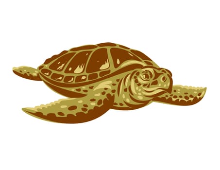 WPA poster art of the Kemp's ridley sea turtle, Lepidochelys kempii or the Atlantic ridley sea turtle viewed from front done in works project administration or federal art project style.