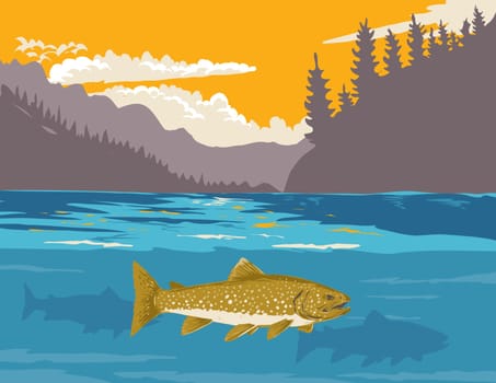 WPA poster art of a lake trout or Salvelinus namaycush in upper Missouri River at Gates of the Mountains in western Montana USA in works project administration style or federal art project style.
