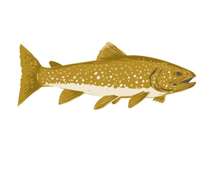 WPA poster art of a lake trout, Salvelinus namaycush, mackinaw, namaycush or lake char viewed from side done in works project administration style or federal art project style.
