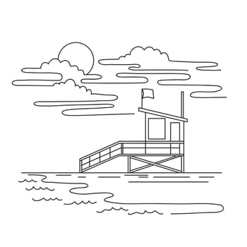 Mono line illustration of Lifeguard Tower on Venice Beach, Los Angeles County, California, USA  done in monoline line art black and white style.
