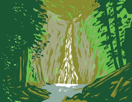 WPA poster art of Madison Falls near Port Angeles in Olympic National Park,  Washington State, United States done in works project administration or federal art project style.

