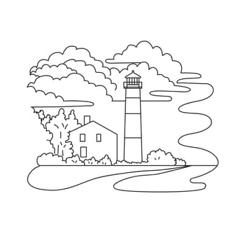 Mono line illustration of Monomoy Point Light or Lighthouse in Vineyard Sound, Chatham, Massachusetts USA in monoline line art black and white style.
