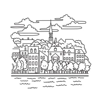 Mono line illustration of Old Town Alexandria along the Potomac River in the city of Alexandria, Virginia, United States of America done in monoline line black and white art style.
