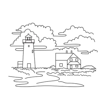 Mono line illustration of Race Point Light or lighthouse on Cape Cod, in Provincetown, Massachusetts USA in monoline line art black and white style.
