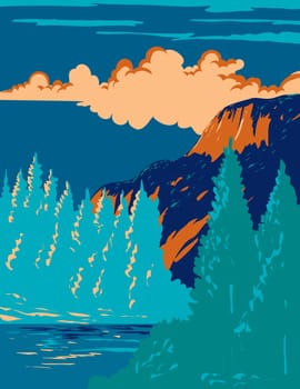 WPA poster art of Roosevelt National Forest in the Rocky Mountains of Colorado, USA done in works project administration or federal art project style.
