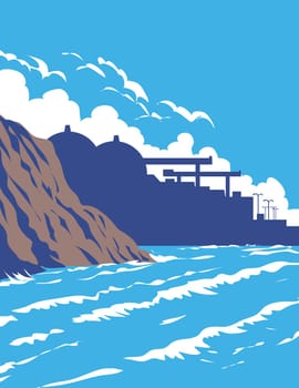 WPA poster art of surf beach at San Onofre State Beach with San Onofre Nuclear Generating Station in  San Clemente, San Diego, California, United States USA done in works project administration.
