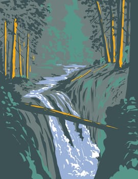 WPA poster art of Sol Duc Falls on Soleduck River within Olympic National Park in Washington State USA done in works project administration or federal art project style.

